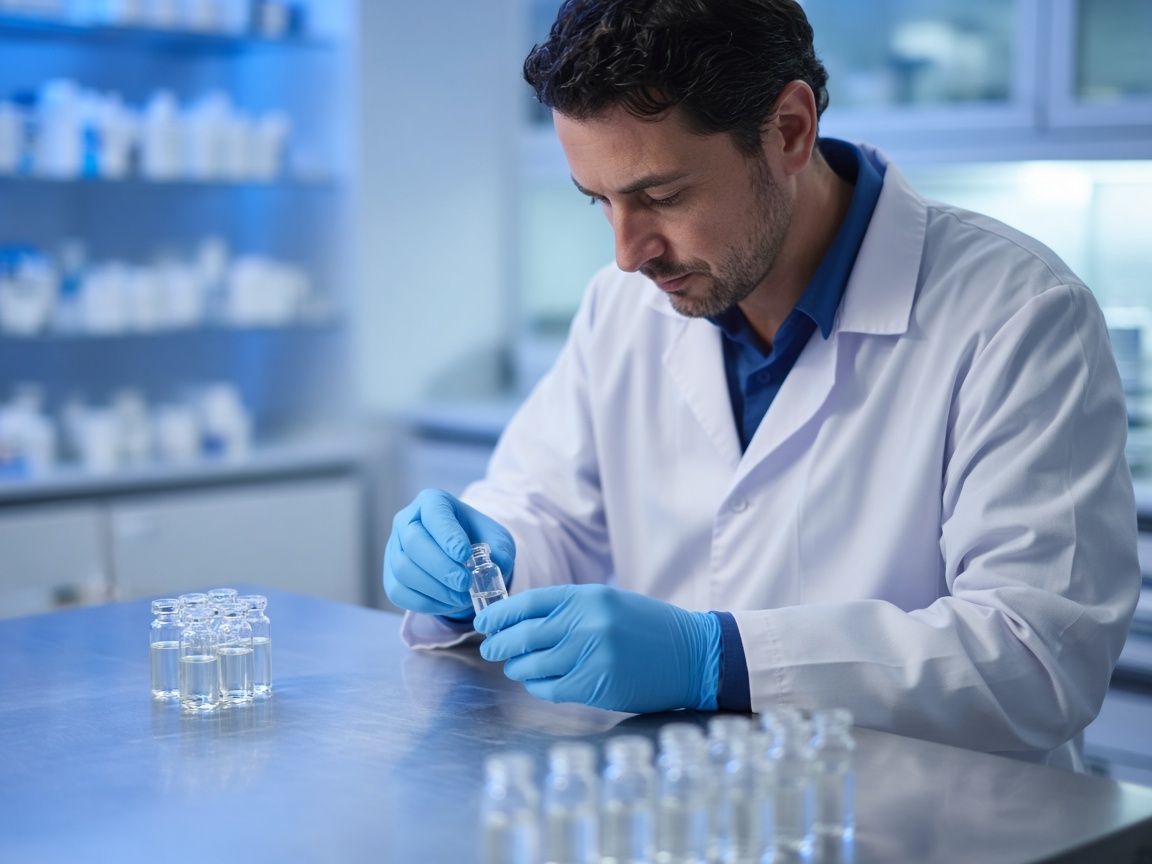 A pharmacist with vials in a lab. The photograph is illustrative, not Sirius staff.
