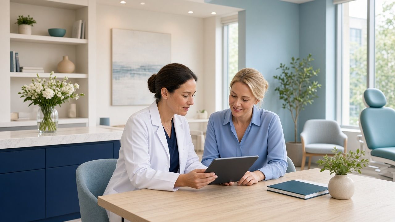 A clinician and a colleague at a consult table. The photograph is illustrative, not Sirius staff.